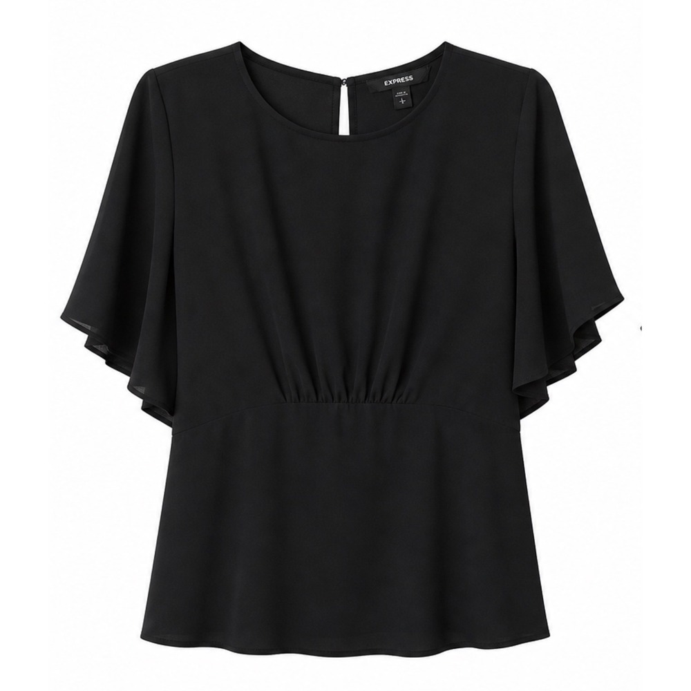 Express Black Flutter Sleeve Peplum Blouse Keyhole Back Top Large